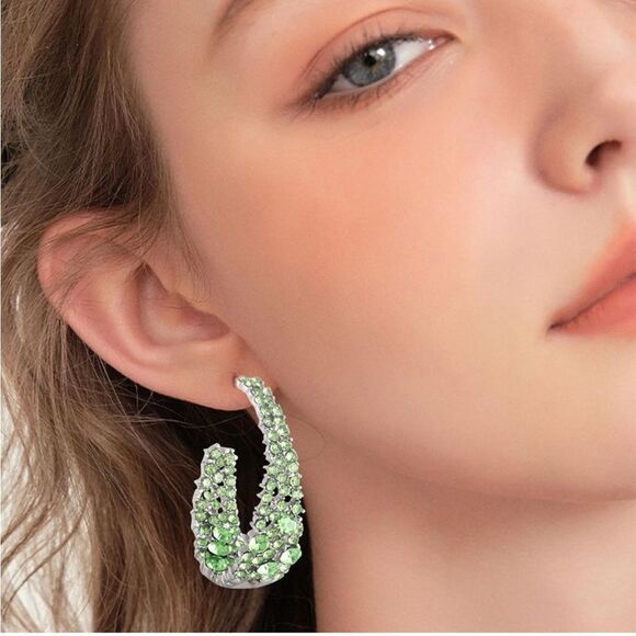 18k White Gold and 925 Sterling Silver with Green Peridot Crystal Hoop Earrings - Picture 3 of 5